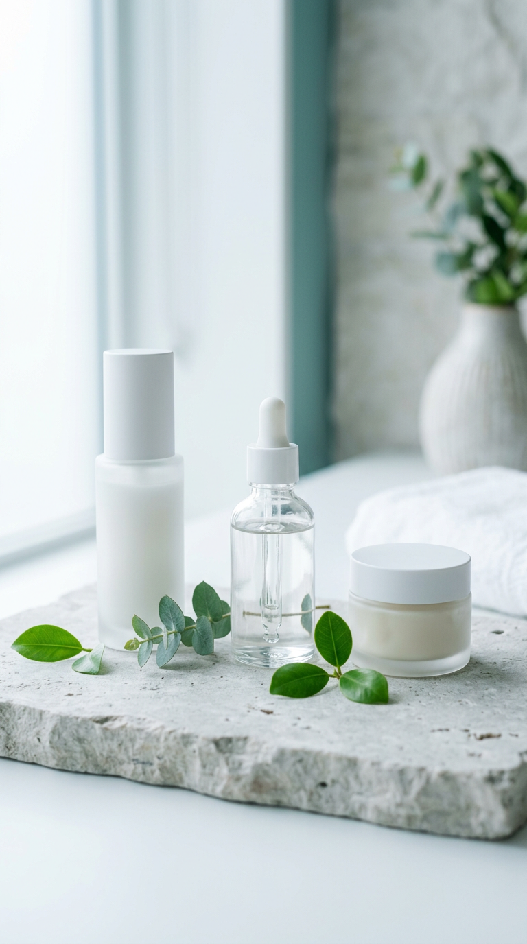 Minimalist skincare bottles and a jar on pale stone