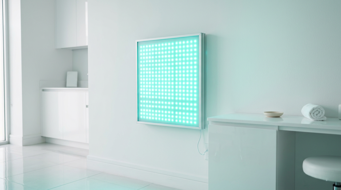 LED light therapy panel glowing aqua in a clean clinic room